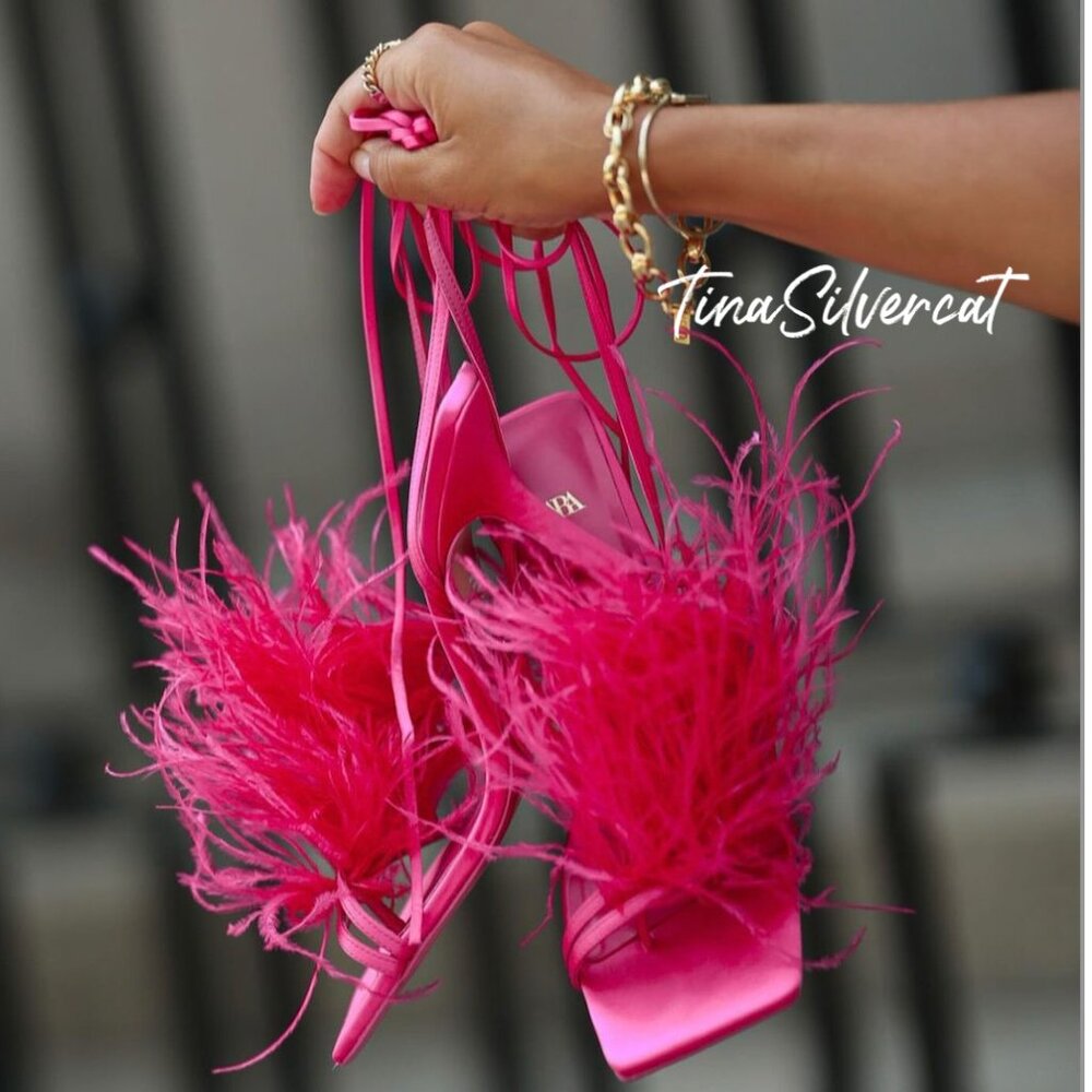 Zara  Feathered High Heels Sandals Fuchsia 7.5 NWT